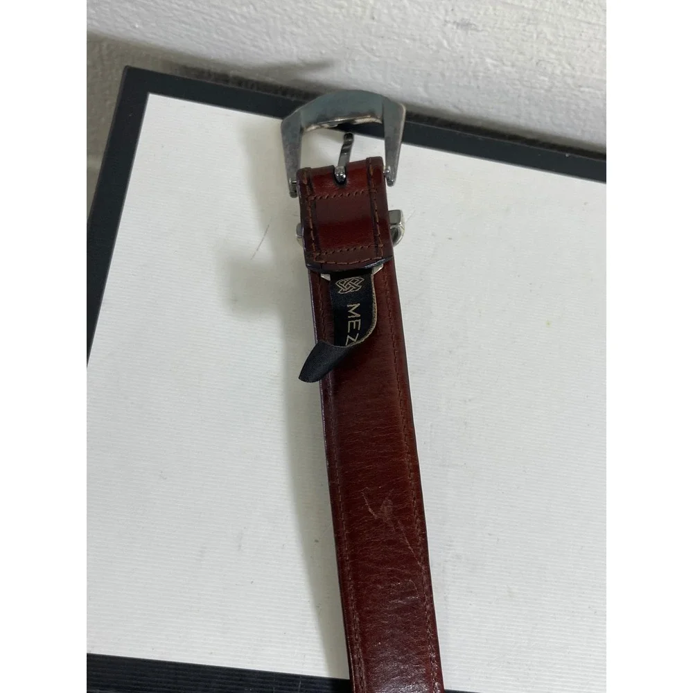 Mezlan Brown Ribbed Leather‎ Dress Belt Silver Buckle Men's 42 Made In Spain